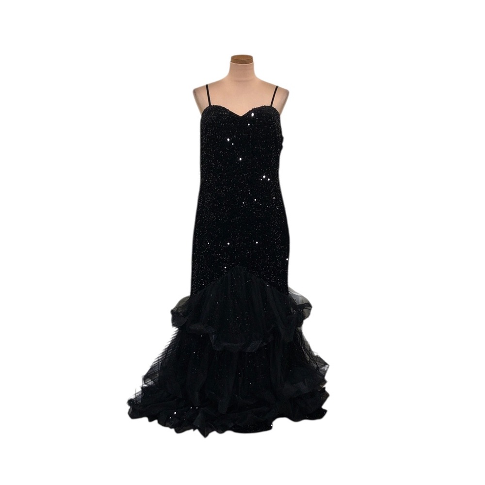 Faeriesty Formal Maxi Dress Size 2X Black Sequin Ruffle Gown